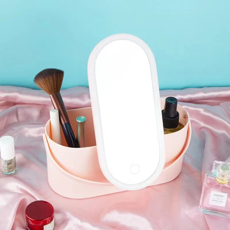 Illuminate Your Beauty: Portable LED Light Makeup Organizer with Touch Control Mirror